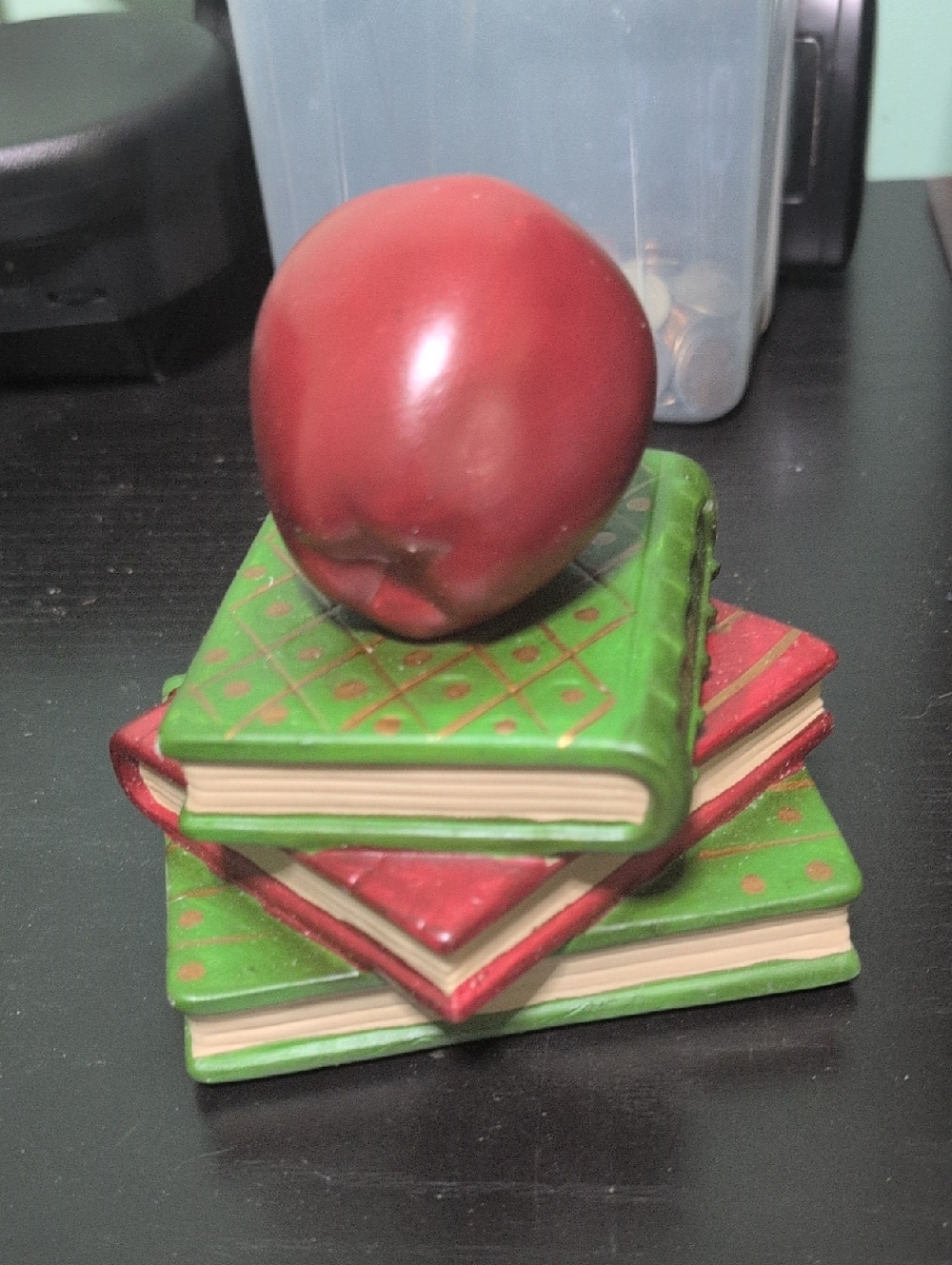 Decorative Red Apple on Stacked Green & Red Books Figurine